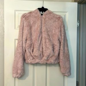 JUNIORS PINK FURRY HOODED ZIP UP JACKET : SIZE MEDIUM